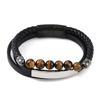 Microfiber Leather Cord Bracelets, Natural Tiger Eye Two Layer Multi-strand Bracelets, with 304 Stainless Steel Magnetic Clasps, Gunmetal & Stainless Steel Color, 8-1/2 inch(21.5cm)