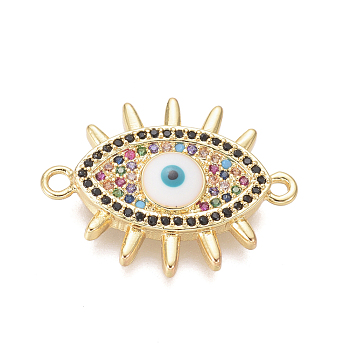 Brass Micro Pave Cubic Zirconia Links connectors, with Enamel, Evil Eye, Colorful, Golden, 18x23.5x4mm, Hole: 1.4mm