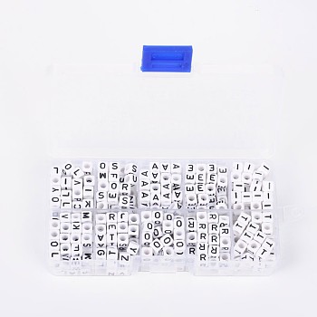 1 Box Acrylic Horizontal Hole Letter Beads, Cube, Letter A/E/I/O/R/T and Random Letters(4 compartments), White, 6x6x6mm, Hole: 3mm, about 40pcs/compartment, 400pcs/box