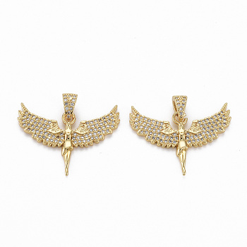 Brass Micro Pave Clear Cubic Zirconia Pendants, Nickel Free, Angel, Real 16K Gold Plated, 23x30.5x3mm, Hole: 3x5mm