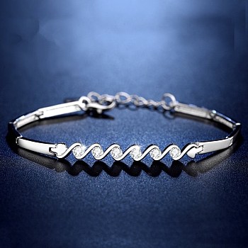 Brass Link Bracelets, with Clear Cubic Zirconia, Platinum, 7-1/8 inch(18cm)