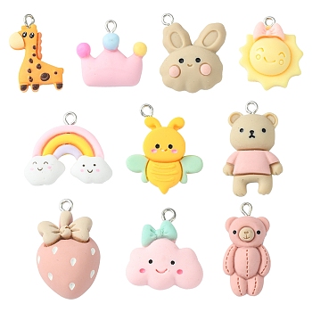 10Pcs 10 Styles Opaque Resin Pendants, Cartoon Charms, with Platinum Tone Iron Loops, Bear & Rabbit Head & Crown, Mixed Shapes, Mixed Color, 22~32.5x17.5~24x5~10mm, Hole: 2mm, 1pc/style