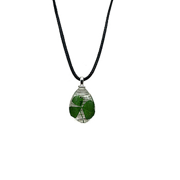 Teardrop Glass Pendant Necklaces with Cords, Dark Green, 19.69 inch(50cm)