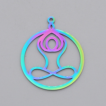 Ion Plating(IP) 201 Stainless Steel Pendants, Laser Cut, Ring with Yoga, Rainbow Color, 33.5x27.5x1mm, Hole: 1.6mm