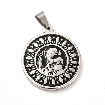 304 Stainless Steel Religion Pendants, Saint Benedict Charms, with Black Enamel, Flat Round, Stainless Steel Color, 37x32x4mm, Hole: 9x5mm