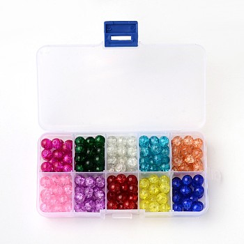 Spray Painted Transparent Crackle Glass Beads Strands, Round, Mixed Color, 8mm, Hole: 1.3mm, about 20pcs/ compartment, about 200pcs/box