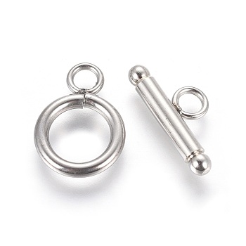 304 Stainless Steel Toggle Clasps, Ring, Stainless Steel Color, Ring: 16.5x12x2mm, Bar: 18x7.5x3mm, Hole: 3mm