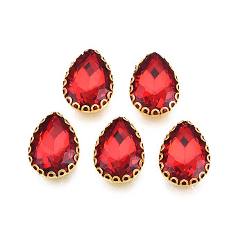Sew on Rhinestone, Transparent Glass Rhinestones, with Iron Prong Settings, Faceted, Teardrop, Red, 14.5x10.5x5.5mm, Hole: 1mm