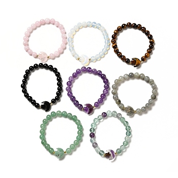 Natural & Synthetic Mixed Gemstone Moon and Star Beaded Stretch Bracelet for Women, Inner Diameter: 2-1/8 inch(5.5cm)