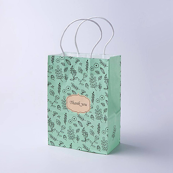 kraft Paper Bags, with Handles, Gift Bags, Shopping Bags, Rectangle, Flower Pattern, Green, 21x15x8cm