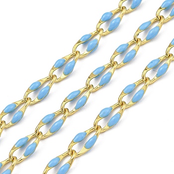 Ion Plating(IP) Brass Dapped Chains, Cable Chains with Enamel, Real 18K Gold Plated, Soldered, with Spool, Flat Oval, Light Sky Blue, 8.5x4x1.5mm, about 32.81 Feet(10m)/Roll