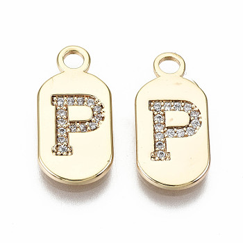 Brass Micro Pave Clear Cubic Zirconia Pendants, Nickel Free, Real 18K Gold Plated, Oval with Word, Letter.P, 16x7.5x1.5mm, Hole: 1.8mm