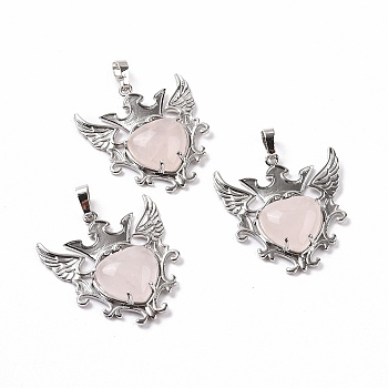 Natural Rose Quartz Pendants, Eagle with Heart Charms, with Rack Plating Platinum Tone Brass Findings, 36.5x33.3x6~7mm, Hole: 8x5mm