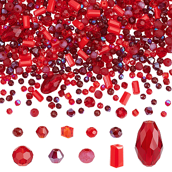 Elite 1000Pcs 10 Style Glass Beads Strands, Faceted, Transparent & Opaque, Rondelle & Bicone & Teardrop & Cuboid & Cube & Round, Red, 3~12x2~8mm, Hole: 0.5~1.2mm