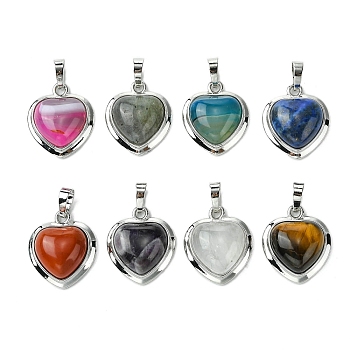 Natural Mixed Stone Pendants, Heart Charms with Rack Plating Platinum Plated Brass Findings, Cadmium Free & Lead Free, Cadmium Free & Lead Free, Mixed Dyed and Undyed, 23x19.5x8~9mm, Hole: 7x5mm