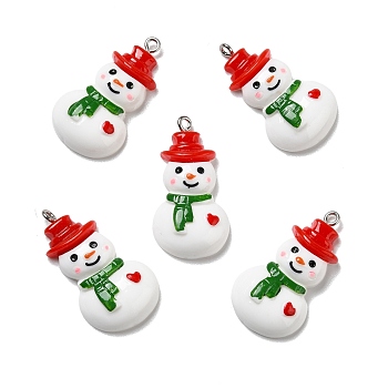 Opaque Resin Pendants, with Platinum Tone Iron Loops, Christmas Theme, Snowman, White, 33.5x19x6.5mm, Hole: 2mm