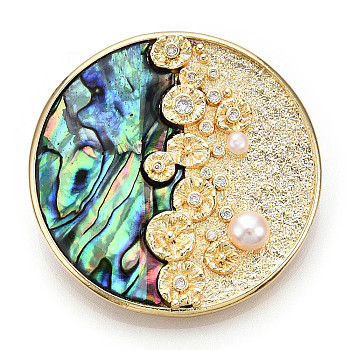 Natural Paua Shell Flat Round Brooches with Pearl, Brass Pave Cubic Zirconia Pins, Real 14K Gold Plated, 44x13mm