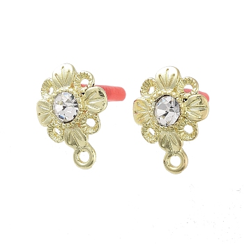 Rack Plating Golden Alloy with Rhinestone Stud Earring Findings, with Loops and 304 Stainless Steel Pins, Cadmium Free & Nickel Free & Lead Free, Flower, 16.5x12.5mm, Hole: 1.6mm, Pin: 0.7x10.5mm
