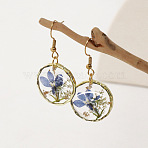 Alloy Epoxy Dried Flower Dangle Earrings, with Steel Pins, Flat Round, Golden, Cornflower Blue, 41x21mm(FS-WGABF6D-02)