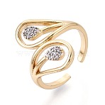Brass Micro Pave Clear Cubic Zirconia Open Cuff Rings, Teardrop, Real 18K Gold Plated, 20x12mm, Inner Diameter: 17mm(KK-T079-64G)