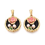 304 Stainless Steel & Enamel & ABS Imitation Pearl Pendants, Flat Round & Flower Charms, Golden, Salmon, 24x21x7~7.5mm, Hole: 8x3~3.5mm(STAS-T072-93A-G)