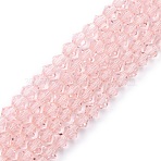 Imitation Austrian Crystal 5301 Bicone Beads, Faceted Glass Beads Strands, Pink, 3.5~3.8x3~3.5mm, Hole: 0.5mm, about about 107~110pcs/strand, 32.5~34cm(GLAA-S026-3mm-15)
