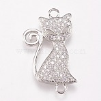 Brass Micro Pave Cubic Alloy Kitten Links Connectors, Cadmium Free & Lead Free, Cat Silhouette Shape, Clear, Platinum, 23x13x2mm, Hole: 1mm(ZIRC-A009-43P)