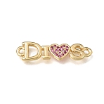 Brass Micro Pave Purple Cubic Zirconia Connector Charms, Word DIOS with Heart Links, Lead Free & Cadmium Free, Rack Plating, Long-Lasting Plated, Real 18K Gold Plated, 7x26x1.5mm, Hole: 1.6mm(KK-E802-06G)