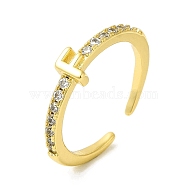 Clear Cubic Zirconia Initial Letter Open Cuff Ring, Real 18K Gold Plated Brass Jewelry for Women, Cadmium Free & Nickel Free & Lead Free, Letter.F, US Size 7 3/4(17.9mm)(RJEW-H120-09G-F)