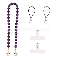 Natural Amethyst & 304 Stainless Steel Round Beaded Mobile Straps, with TPU Mobile Phone Lanyard Patch and Nylon Mobile Making Cord Loops, 39cm(HJEW-SW00043-06)