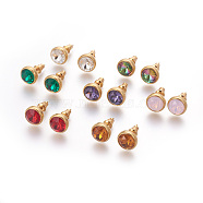 304 Stainless Steel Ear Studs, with Cubic Zirconia, Ion Plating (IP), Flat Round, Golden, Mixed Color, 10x17mm, Pin: 0.7mm(EJEW-E238-G)