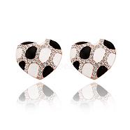 Heart Tin Alloy Enamel Czech Rhinestone Stud Earrings, White & Black, Rose Gold, 20x18mm(EJEW-BB13608-D)