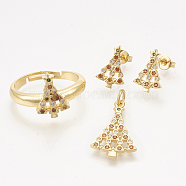 Brass Cubic Zirconia Pendants & Stud Earrings & Adjustable Rings Jewelry Sets, Christmas Trees, Golden, 20.5x13.5x1.5mm, hole: 3mm, 13.5x9mm, Pin: 0.7mm, Size 8, 18mm(SJEW-S043-05)