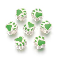 Alloy Enamel European Beads, Large Hole Beads, Dog Paw Print, Silver Color Plated, Lime Green, 11x10x7mm, Hole: 4.5mm(ENAM-J061-17S)
