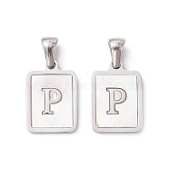 304 Stainless Steel Pave Shell Pendants, Rectangle Charm, Stainless Steel Color, Letter P, 17.5x12x1.5mm, Hole: 3x5mm(STAS-G327-01P-P)