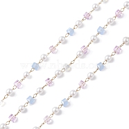 Cube & Round Glass & ABS Imitation Pearl Beaded Chains, Unwelded, with 304 Stainless Steel Link Chains, Golden, Lavender, 2.5~3x2.5~3x2.5mm(CHS-P016-43G-01)