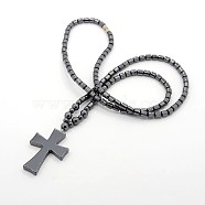 Trendy Unisex Holly Jewelry Grade A Non-Magnetic Synthetic Hematite Beaded Cross Pendant Necklaces, with Alloy Screw Clasps, Black, 24.6 inch(NJEW-M013-04)