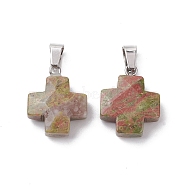 Natural Unakite Pendants, Cross Charms with Stainless Steel Color Plated Stainless Steel Snap on Bails, 20~20.5x15.5~16.5x6~7mm, Hole: 7x4.5mm(G-K359-02P-08)