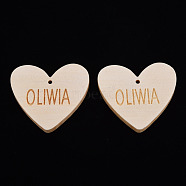 Wood Big Pendants, Laser Engraved, Heart with Oliwia, Antique White, 49.5x54.5x5.5mm, Hole: 2.5mm(WOOD-S055-45B)