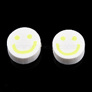 Handmade Polymer Clay Beads, Flat Round with Smiling Face, Champagne Yellow, 9~10x4mm, Hole: 1.2~1.6mm(CLAY-N011-64-05)