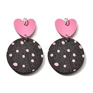 Poplar Pendants, Flat Round with Polka Dot Pattern & Heart Charms, with Arylic & Platinum Loop, Hot Pink, 55.5x34.5x2.5mm, Hole: 5mm(FIND-B045-20A)