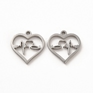 304 Stainless Steel Charms, Heart with Heartbeat, Stainless Steel Color, 13.5x13x1.4mm, Hole: 1.4mm(STAS-M089-32P)