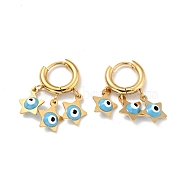 Enamel Star with Evil Eye Dangle Hoop Earrings, Gold Plated 304 Stainless Steel Jewelry for Women, Light Sky Blue, 23.5mm, Pin: 1mm(STAS-E162-05G-01)