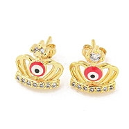 Crown with Evil Eye Real 18K Gold Plated Brass Stud Earrings, with Enamel and Clear Cubic Zirconia, Red, 12x11mm(EJEW-L269-108G-02)