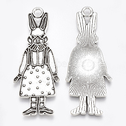 Tibetan Style Alloy Bunny Pendant Enamel Settings, Cadmium Free & Lead Free,, Rabbit with Dress, Antique Silver, 50x19.5x1.5mm, Hole: 2.5mm, about 260pcs/1000g(TIBE-S314-26AS-LF)
