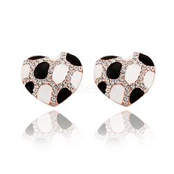 Heart Tin Alloy Enamel Czech Rhinestone Stud Earrings, White & Black, Rose Gold, 20x18mm(EJEW-BB13608-D)