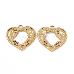 Ion Plating(IP) 304 Stainless Steel Pendants, Heart Charm, Real 18K Gold Plated, 24.5x25x1.5mm, Hole: 2.8mm(STAS-B031-02G)