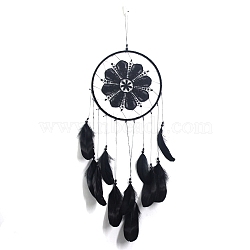 Indian Style Cotton Cord Macrame Wall Hanging, Iron Woven Web/Net with Feather Pendant Decorations, Black, 500~550x200mm(PW-WG66723-04)