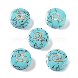 Synthetic Turquoise Beads, with Golden Tone Brass Slices, Flat Round with Letter, Letter Q, 15x5.5mm, Hole: 1.4mm(G-A238-02Q)