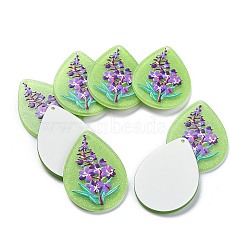 Acrylic Pendants, 3D Printed, with Glitter Powder, Teardrop with Flower, Lawn Green, 43x30x2.5mm, Hole: 1.6mm(KY-I007-23)